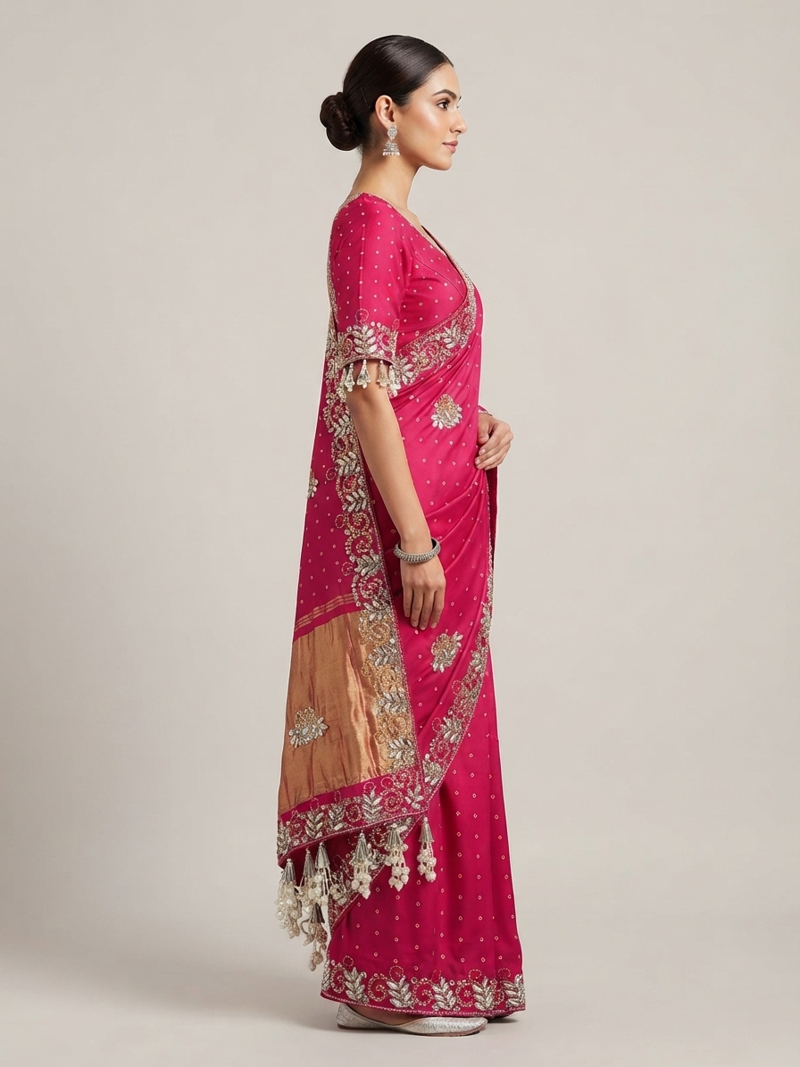 Bandhani Saree — Model — right side view