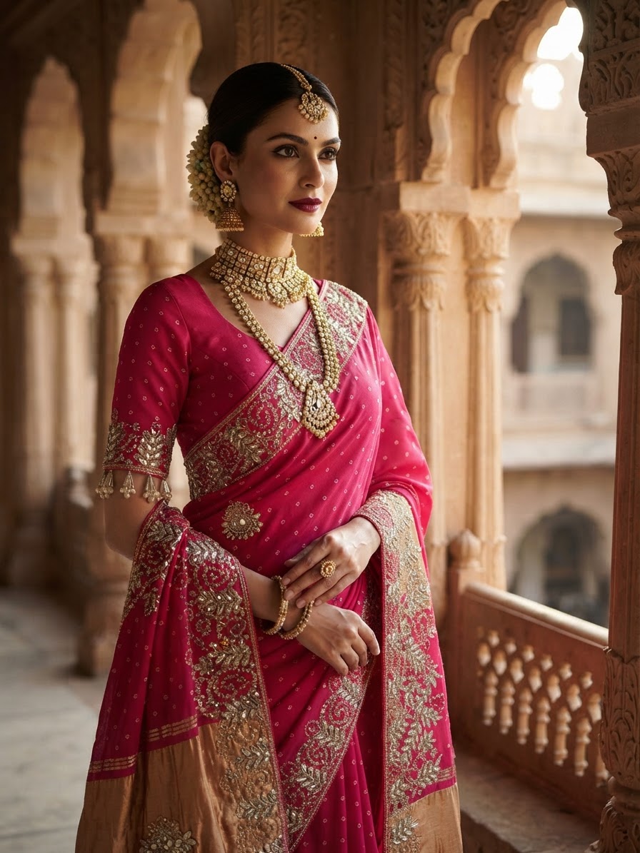 Rani Pink Gajji Silk Bandhani Saree with Zari Embroidery