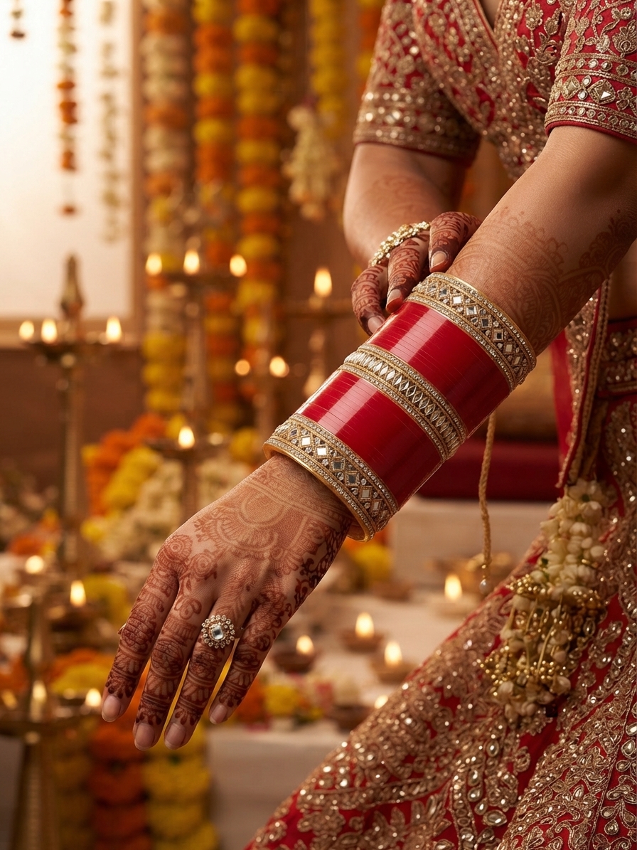 Deep Red Seep Chura Bridal Bangle Set with High-Shine Stone Borders
