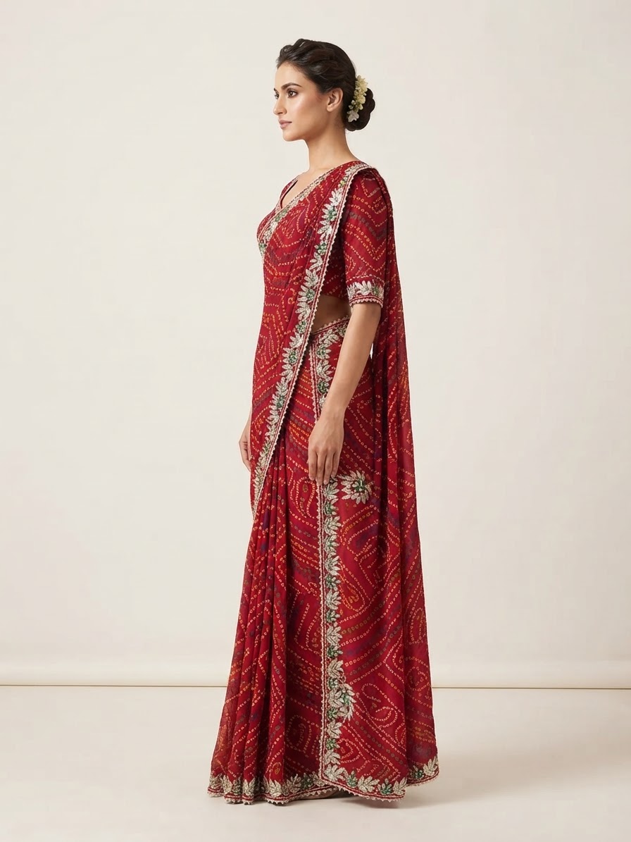 Bandhani Saree — Model — left side view