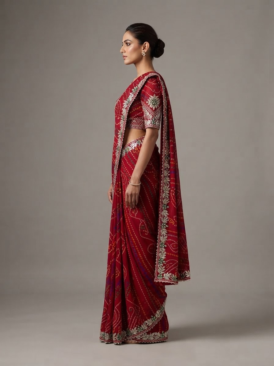 Bandhani Saree — Model — right side view