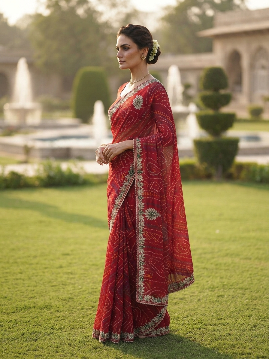 Bandhani Saree — Festive woman wearing it · Royal garden lawn