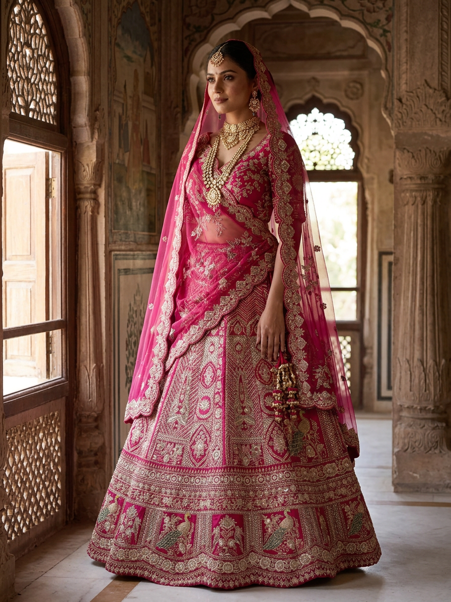 Rani Pink Raw Silk Bridal Lehenga Set with V-Neck Choli