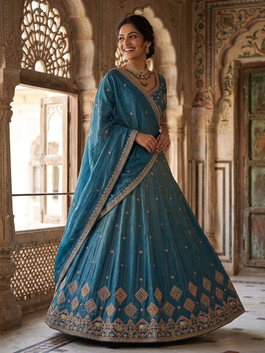 Blue Tissue Silk Bridal Lehenga Set
