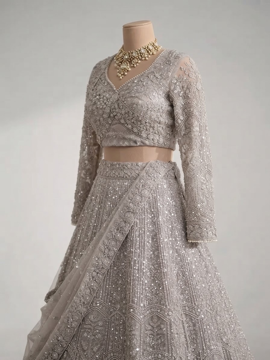 Ivory Sequin and Pearl Embroidered Bridal Lehenga Set