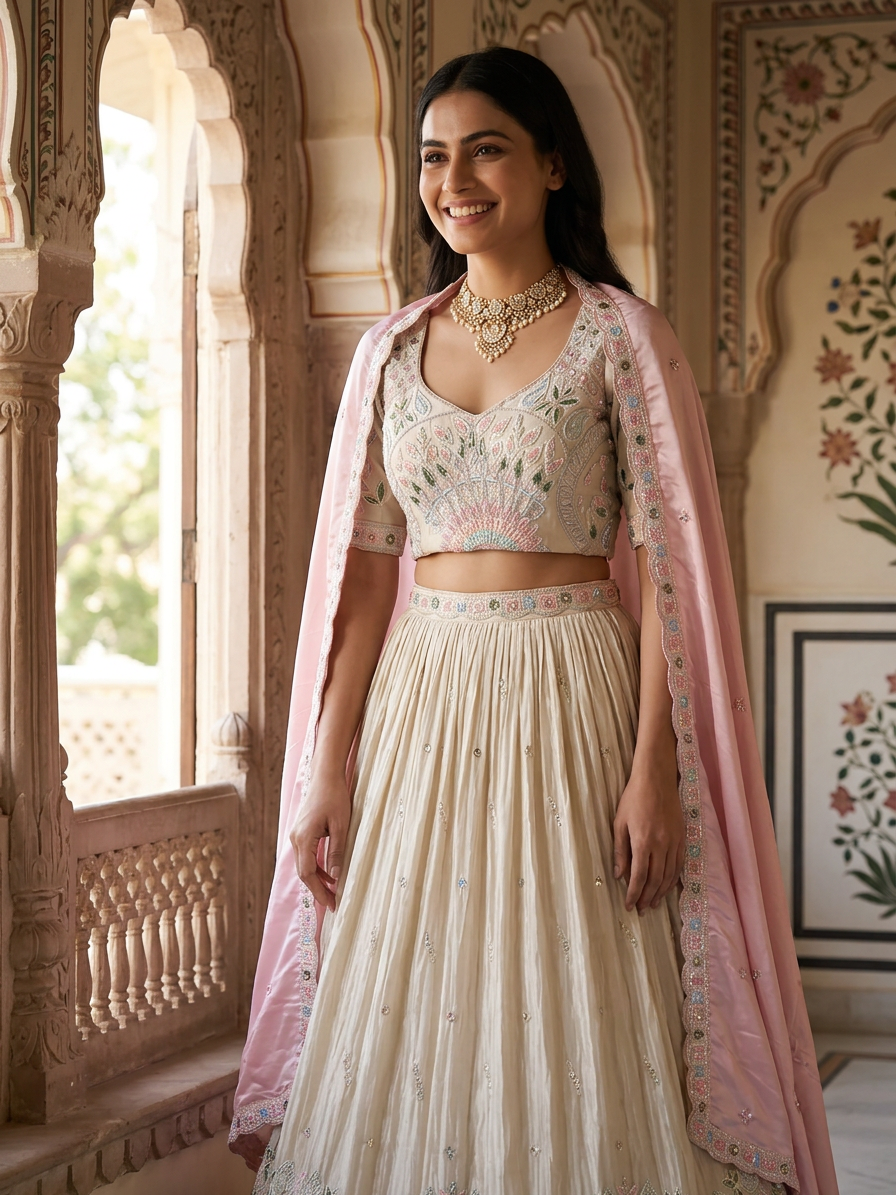 Ivory and Pink Embroidered Bridal Lehenga