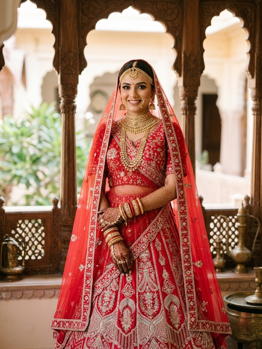 Red Raw Silk Hand-Embroidered Bridal Lehenga