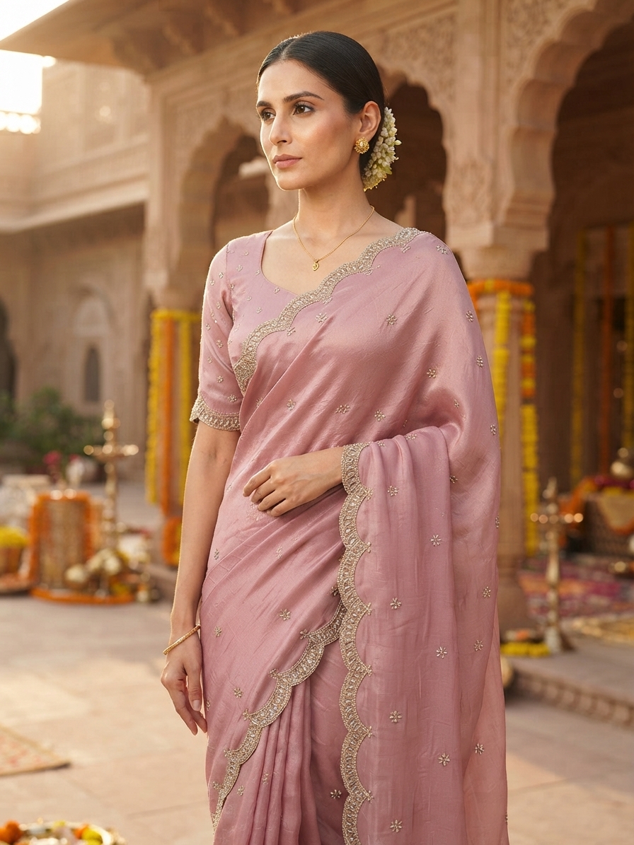 Pastel Pink Tissue Saree with Cutdana Work