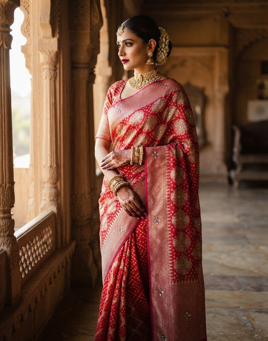 Red Bandhani Pure Georgette Saree