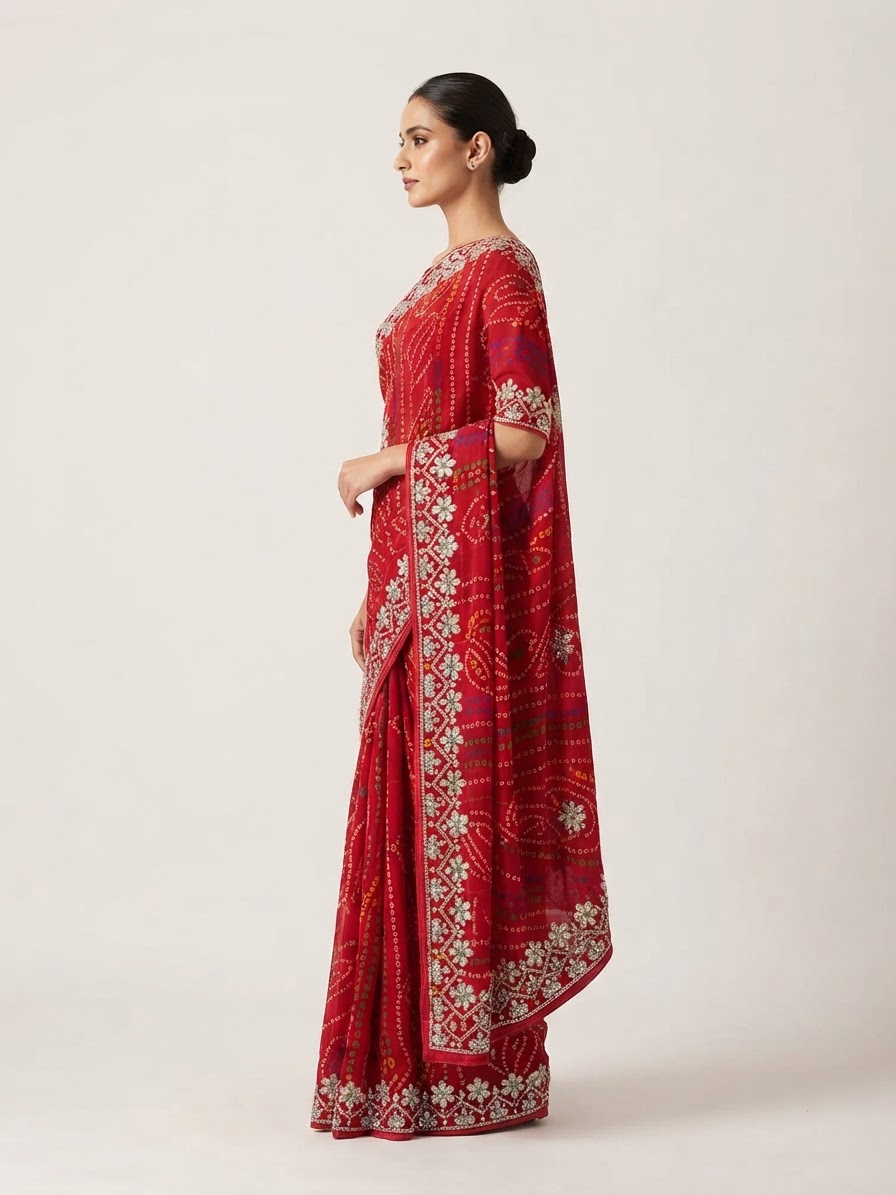 Bandhani Saree — Model — left side view