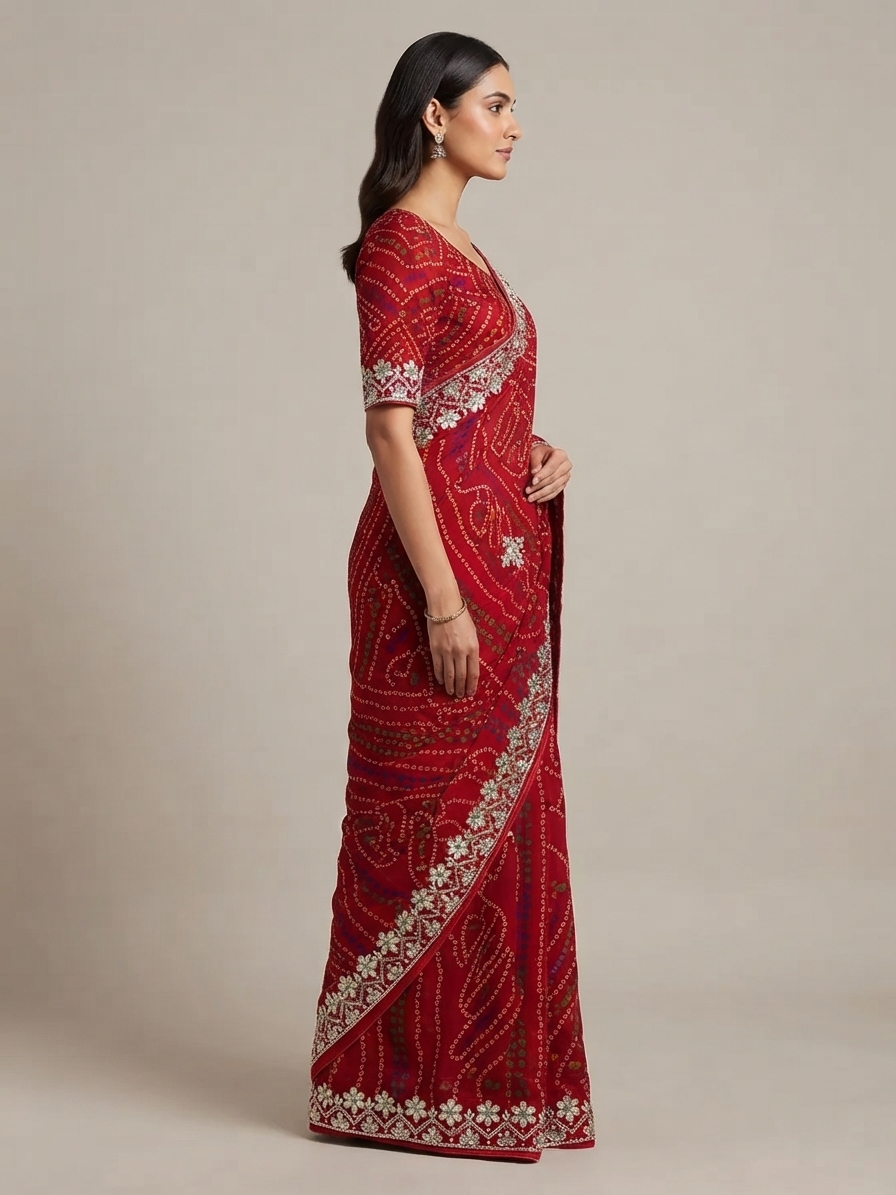 Bandhani Saree — Model — right side view