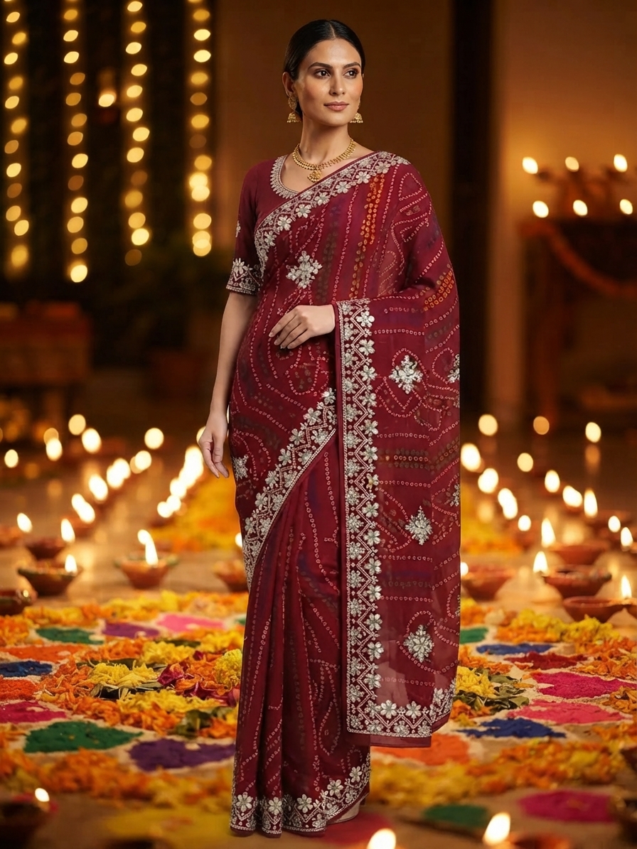 Maroon Bandhani Georgette Saree with Gota Patti Work