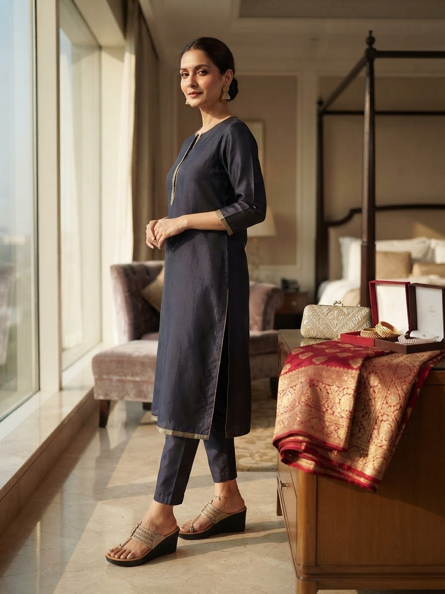 Festive woman wearing it · Luxury hotel suite