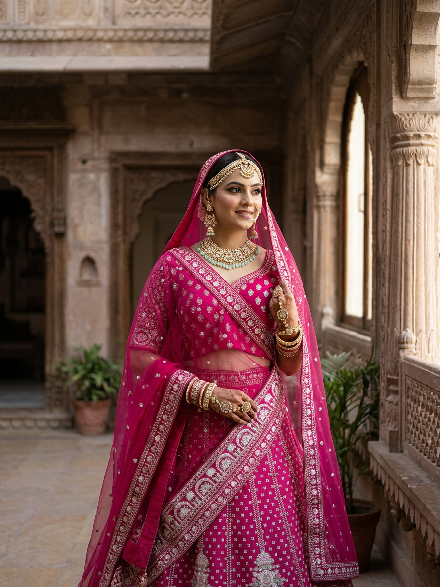 Rani Pink Raw Silk Bridal Lehenga Set with Cutdana, Pearl & Zardozi