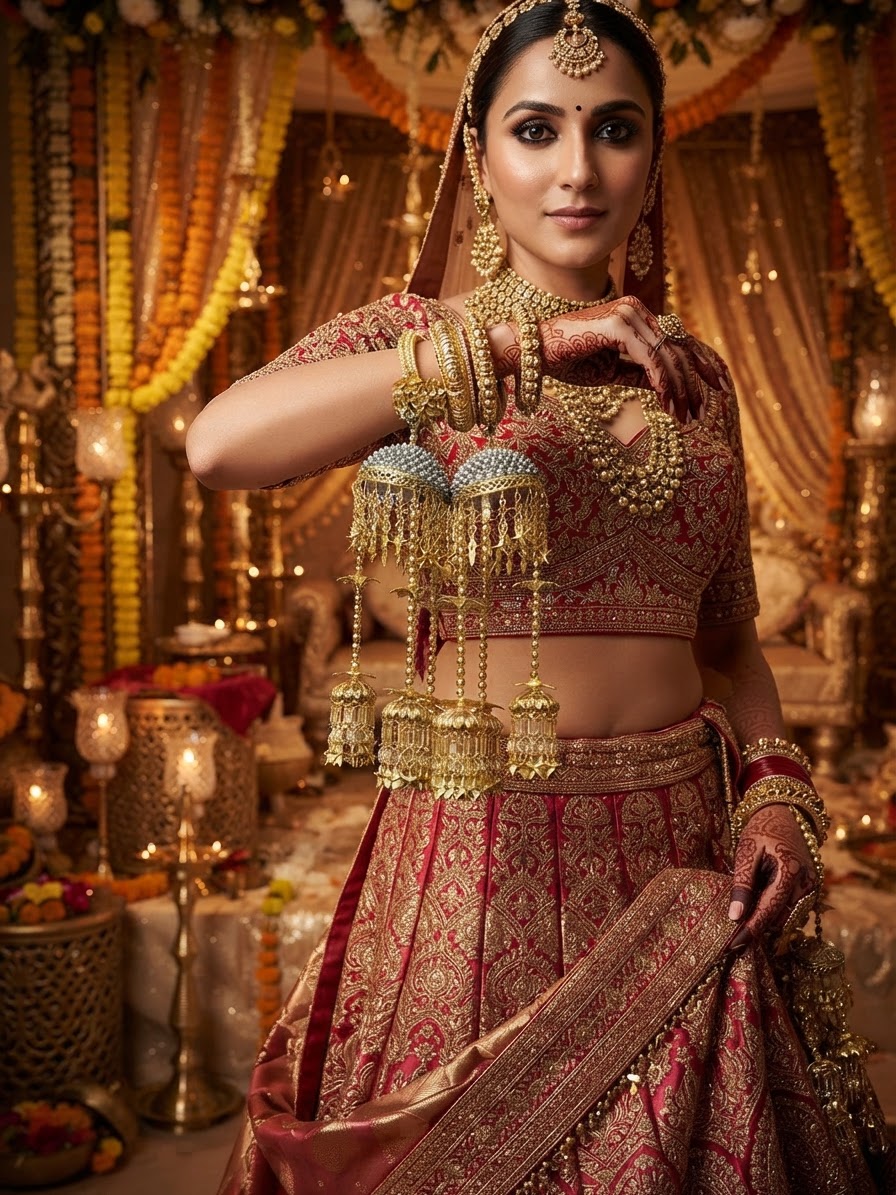 Gold Tone Bridal Kaleera with Stone Inlay and Pearl Domes