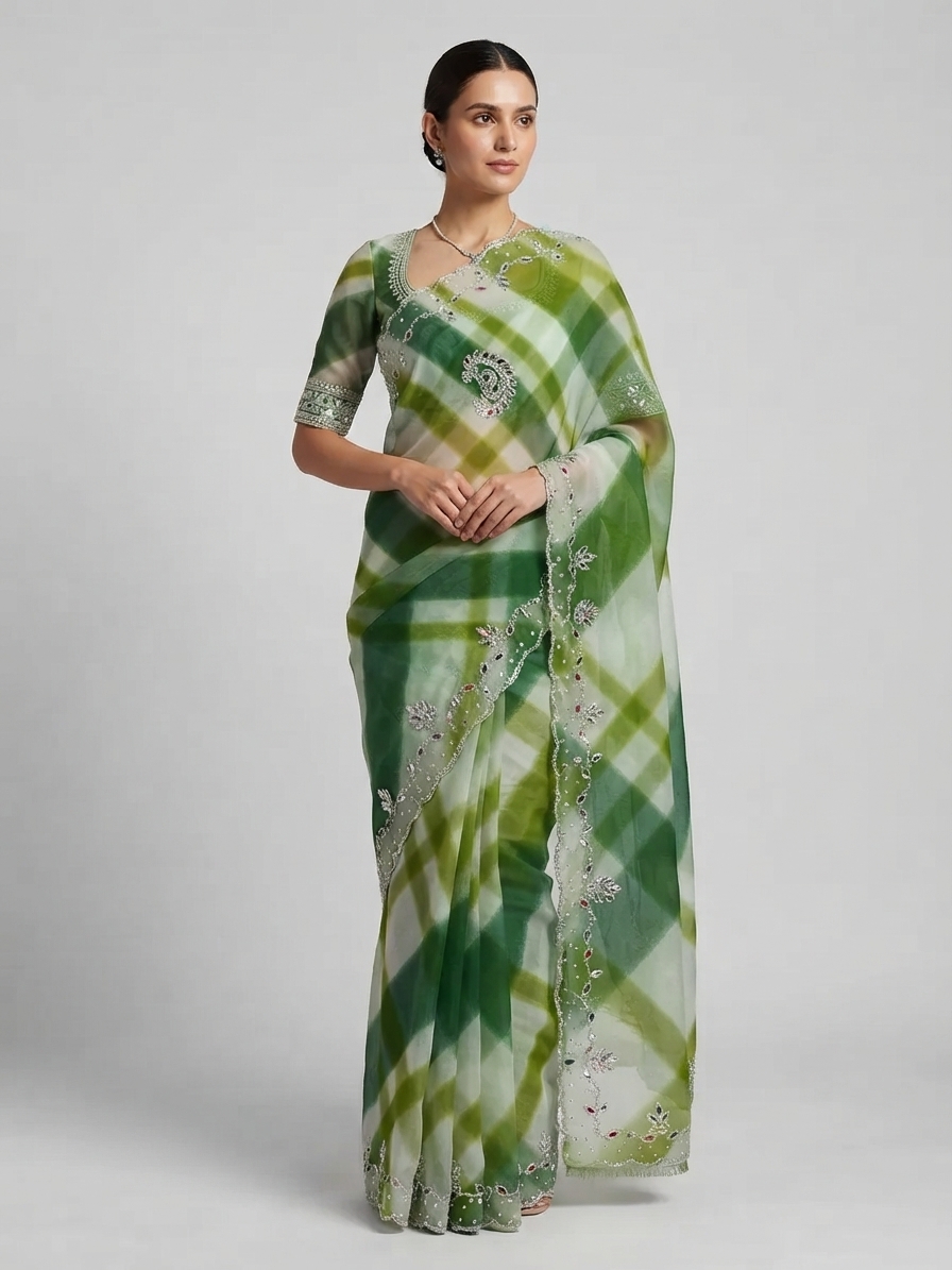 Green Leheriya Georgette Saree with Handwork