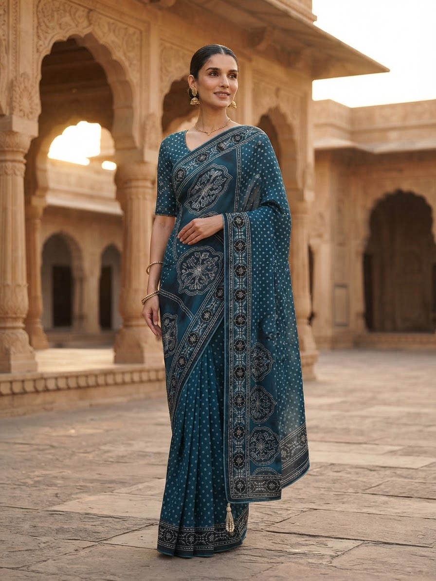 Blue Crepe Saree with Mirror and Beadwork