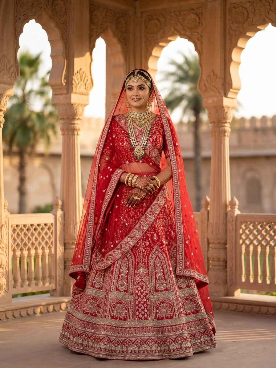 Bridal Lehnga — Indian bride wearing it · Palace courtyard