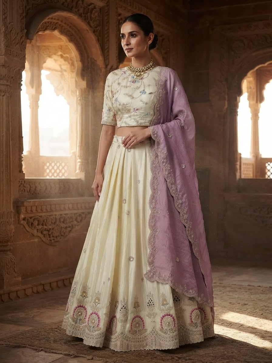Off-White and Lavender Designer Lehenga