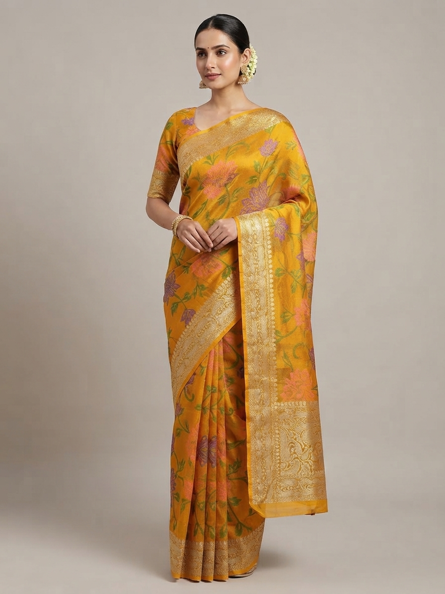 Yellow Chinon Silk Floral Saree with Gold Zari Border