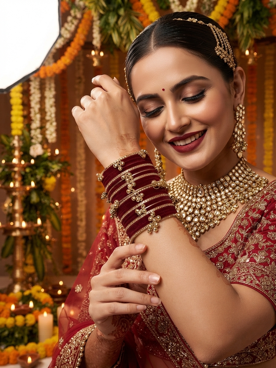 Maroon Velvet and Gold Metal Bangle Set