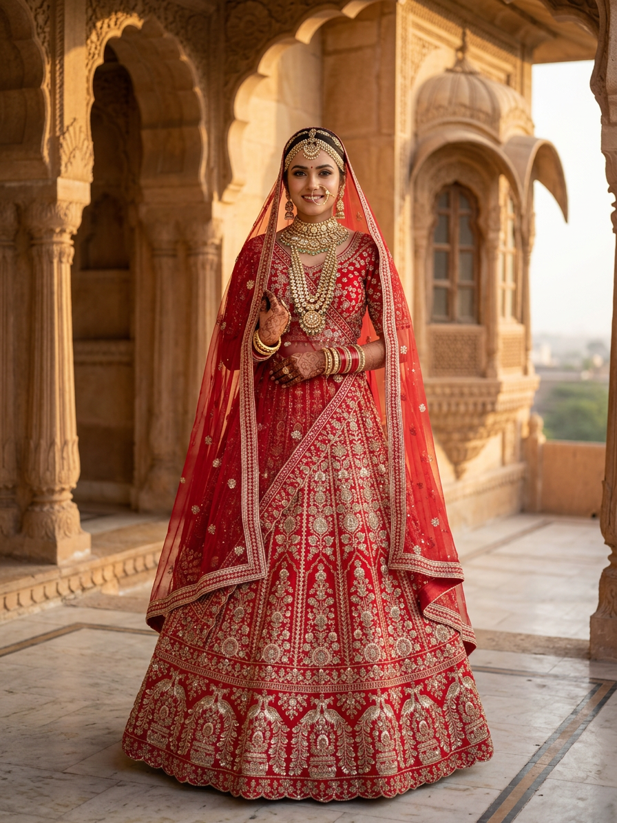 Red Hand-Embroidered Bridal Lehenga Set
