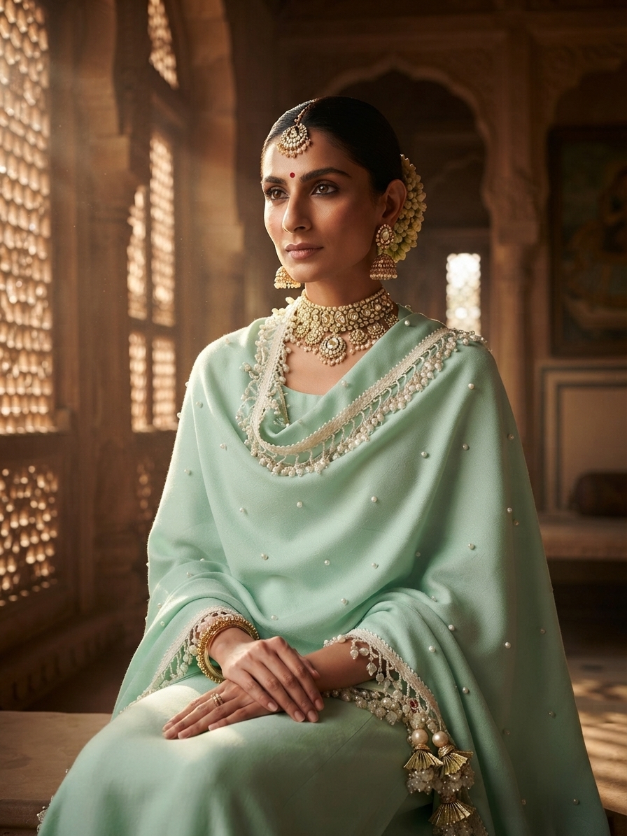 Pastel Mint Green Pashmina Shawl with Pearl Embellishments