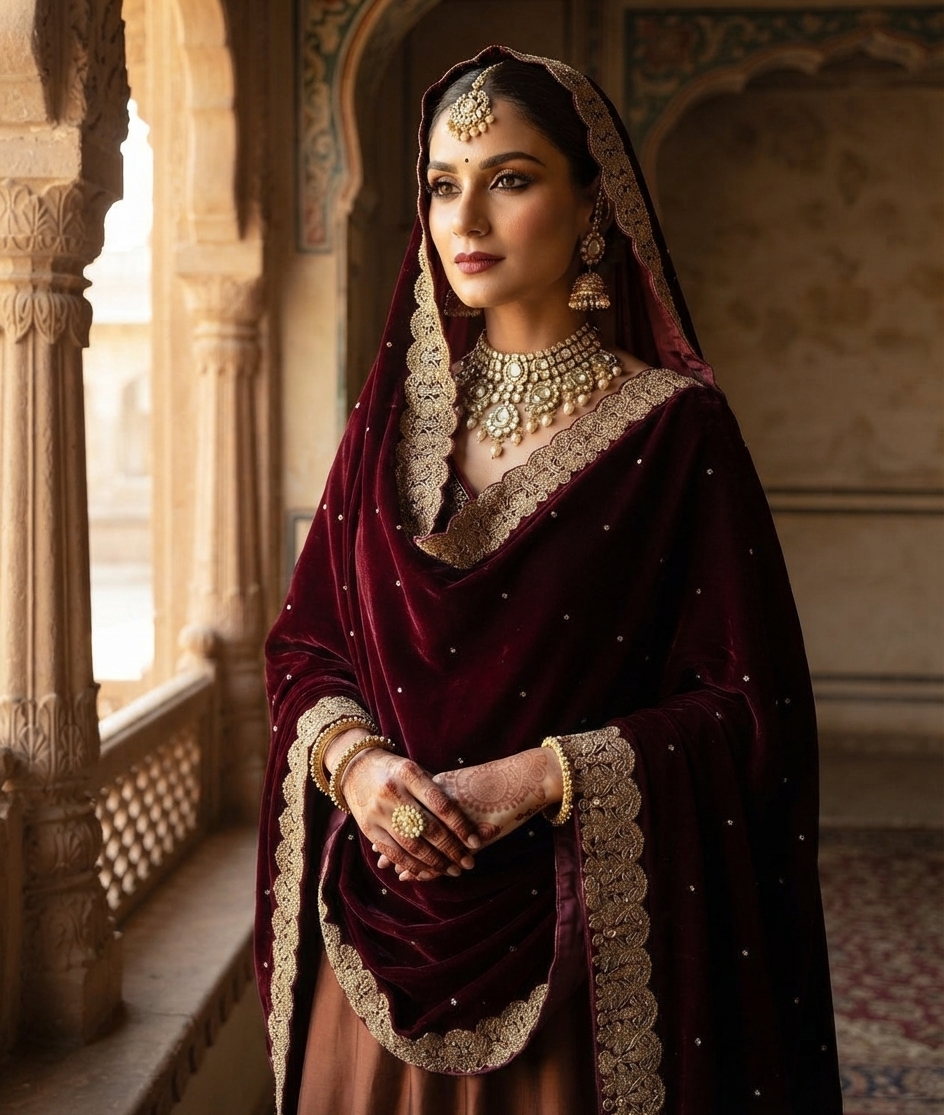 Maroon Velvet Kundan Work Shawl