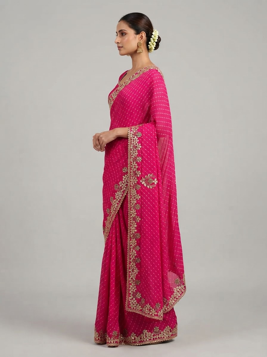 Bandhani Saree — Model — right side view