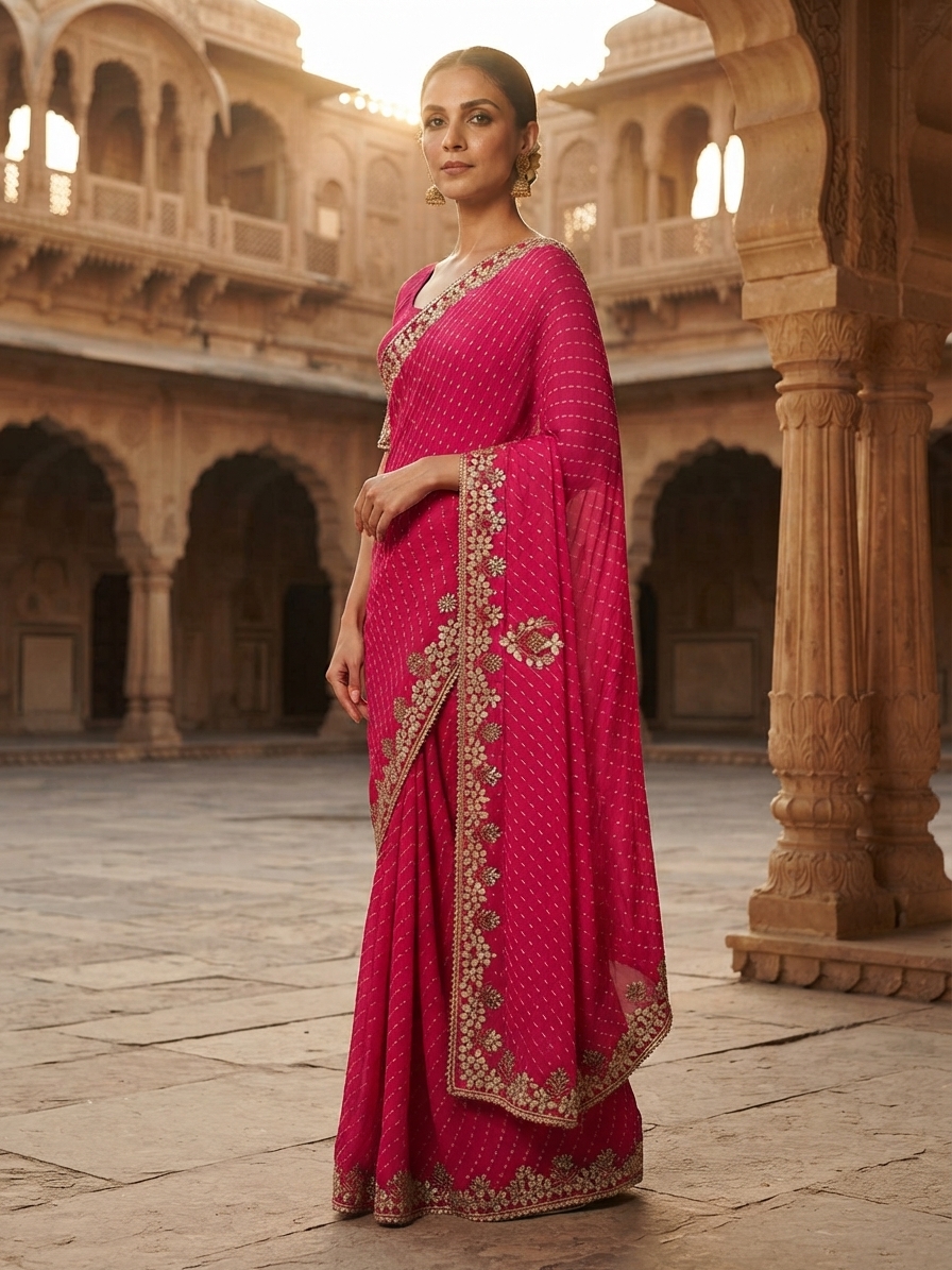 Bandhani Saree — Festive woman wearing it · Palace courtyard