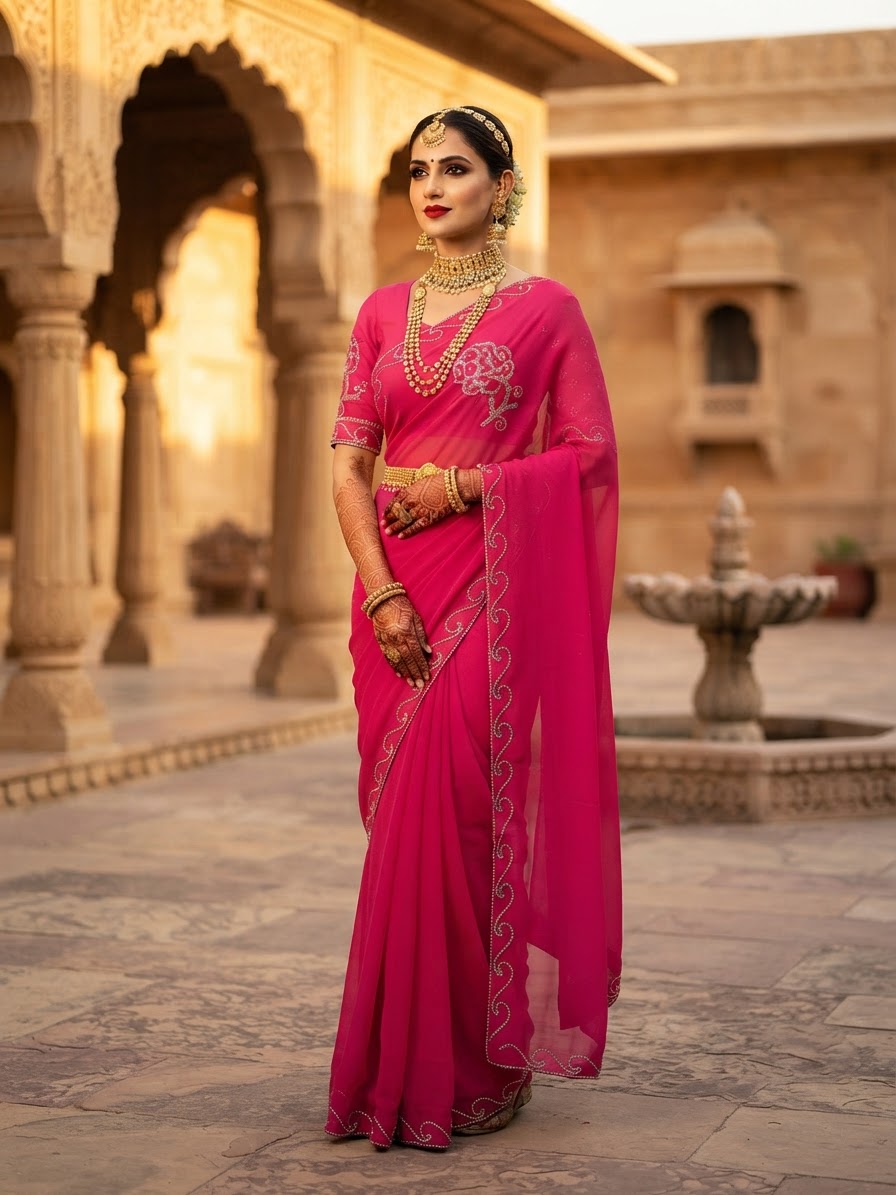Pink Chiffon Saree with Cutdana Embroidery