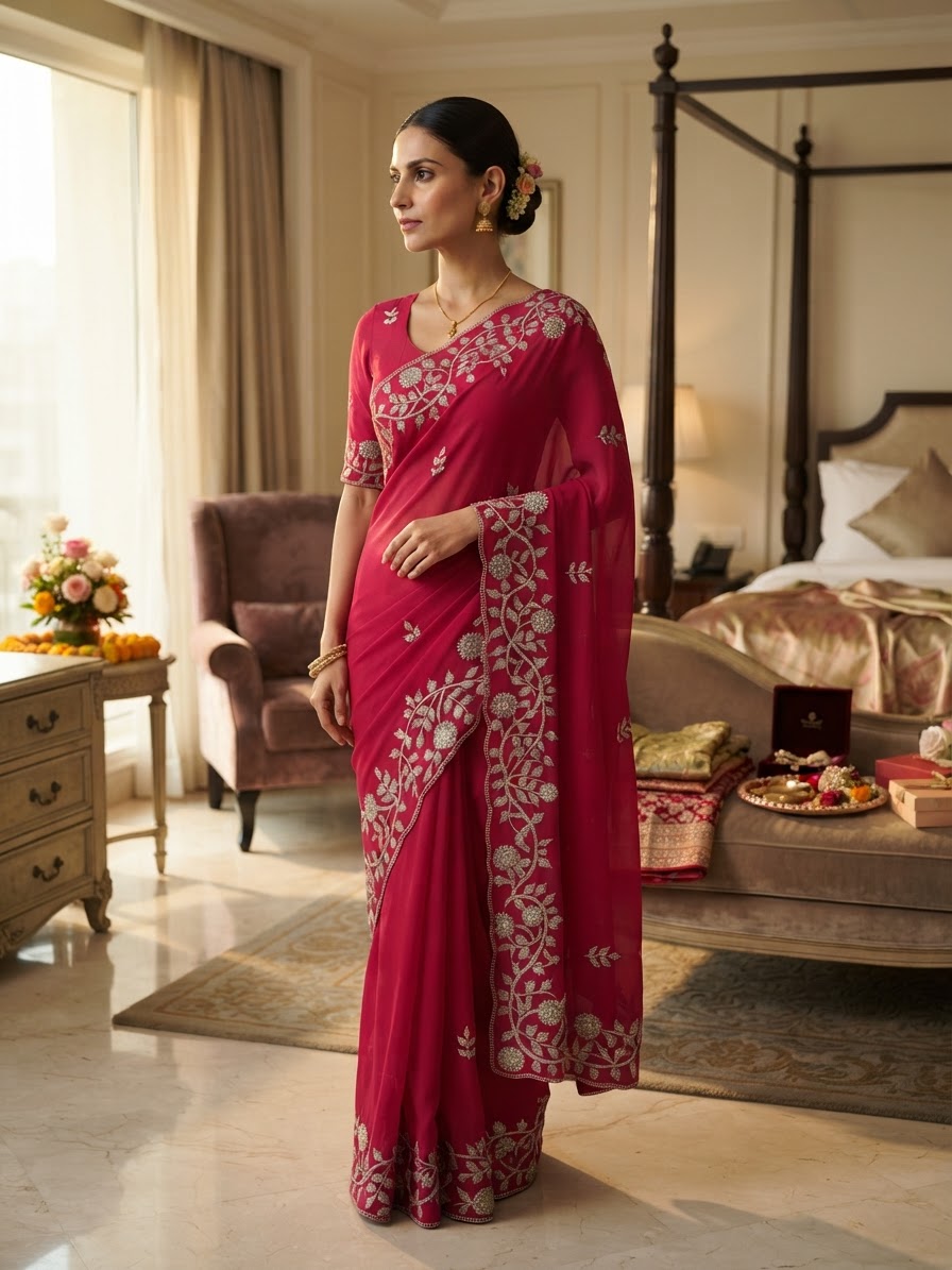 Pink Chiffon Saree with Resham Embroidery
