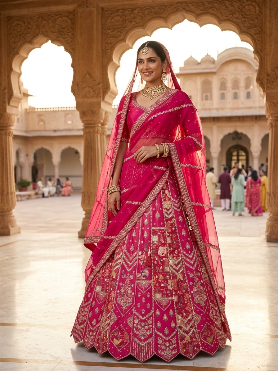 Bridal Lehnga — Indian bride wearing it · Palace courtyard