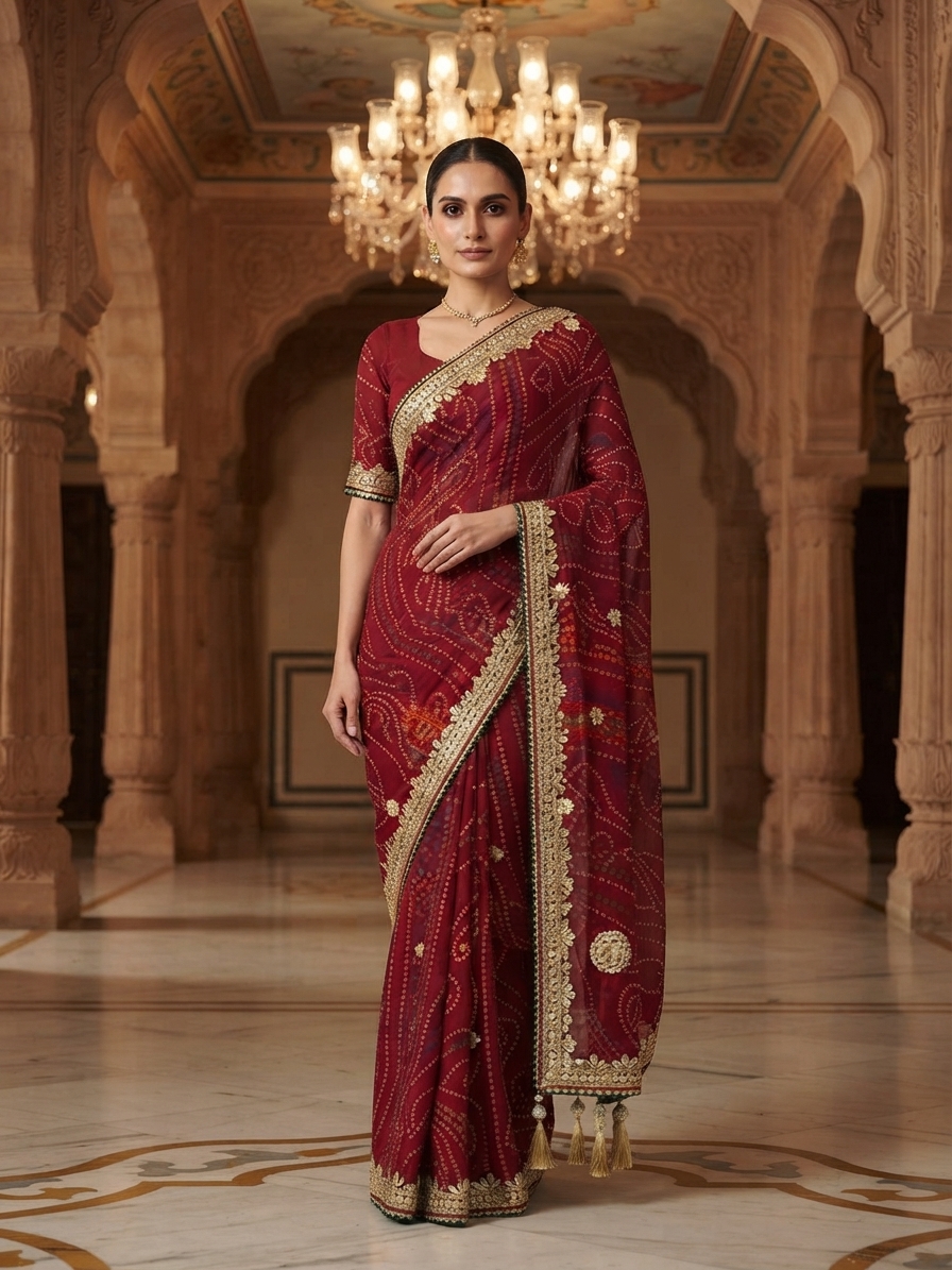 Maroon Georgette Bandhani Saree with Tassel Pallu Accents