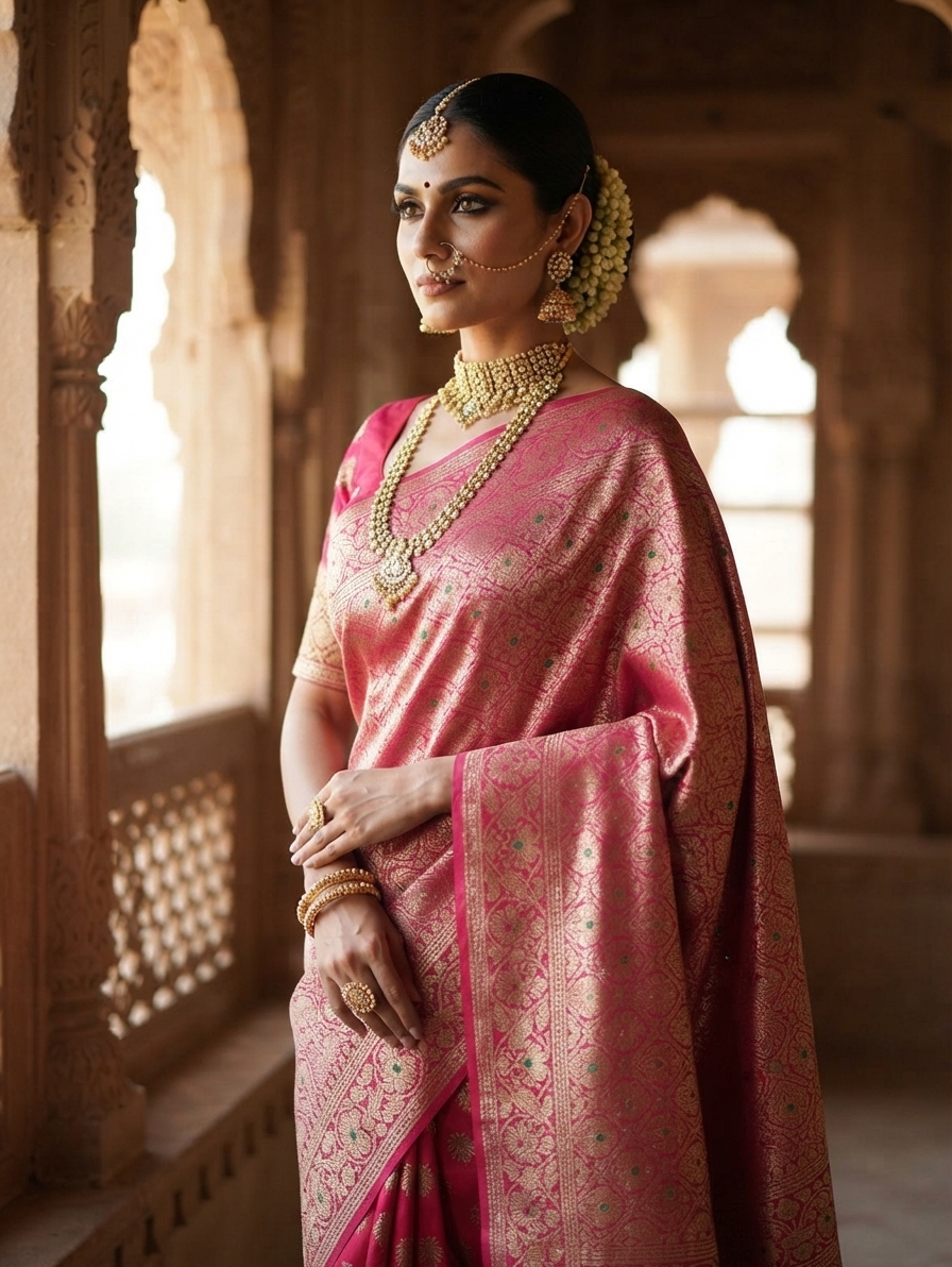 Rani Pink Banarasi Silk Designer Saree with Zari Work