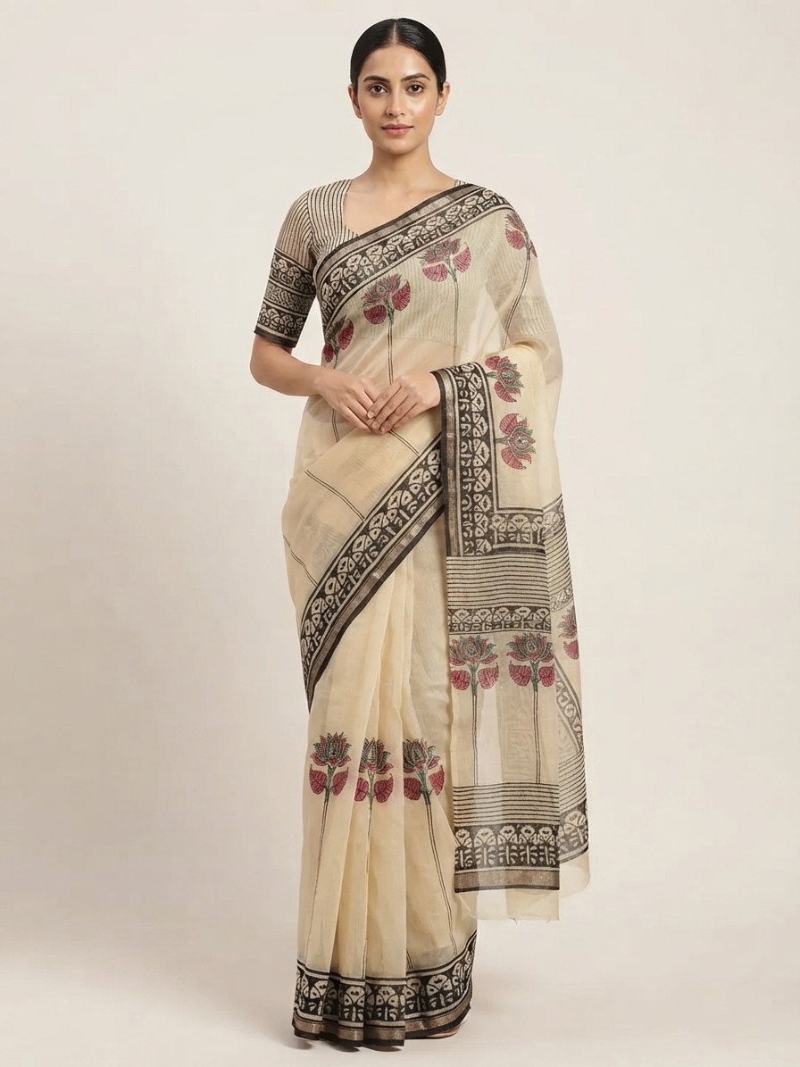 Cream Chanderi Silk Block Print Saree