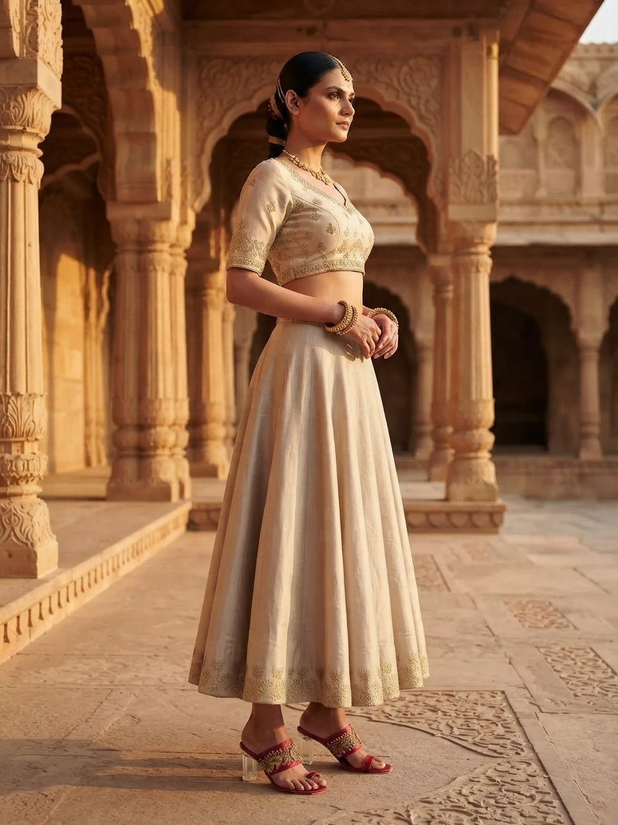 Festive woman wearing it · Palace courtyard