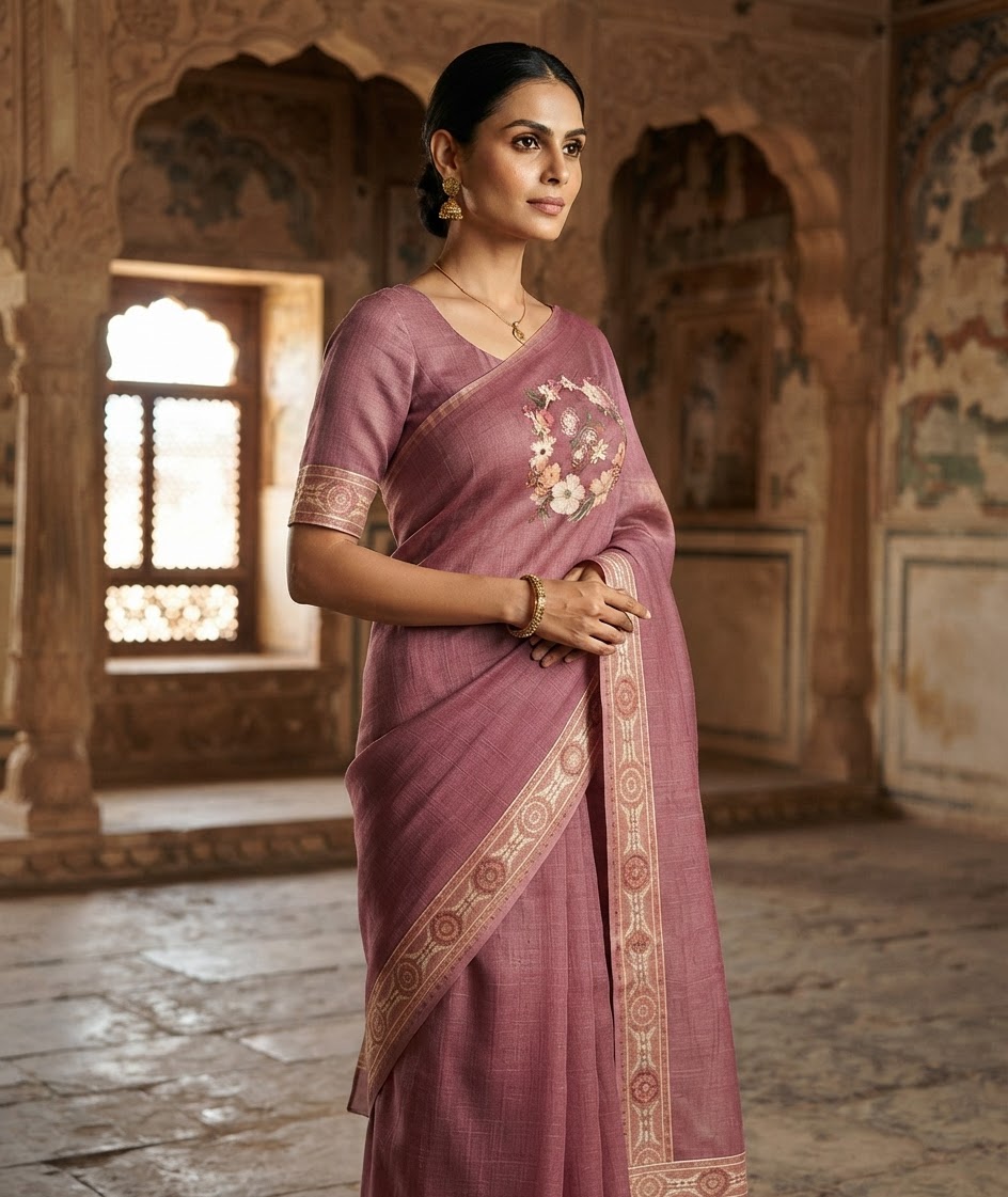 Mauve Aarna Cotton Saree with Floral Embroidery