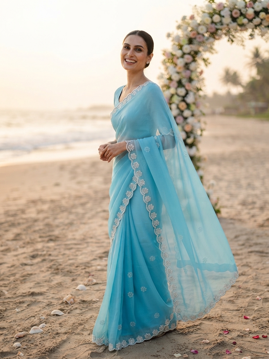 Sky Blue Chiffon Saree with Pearl Embroidery