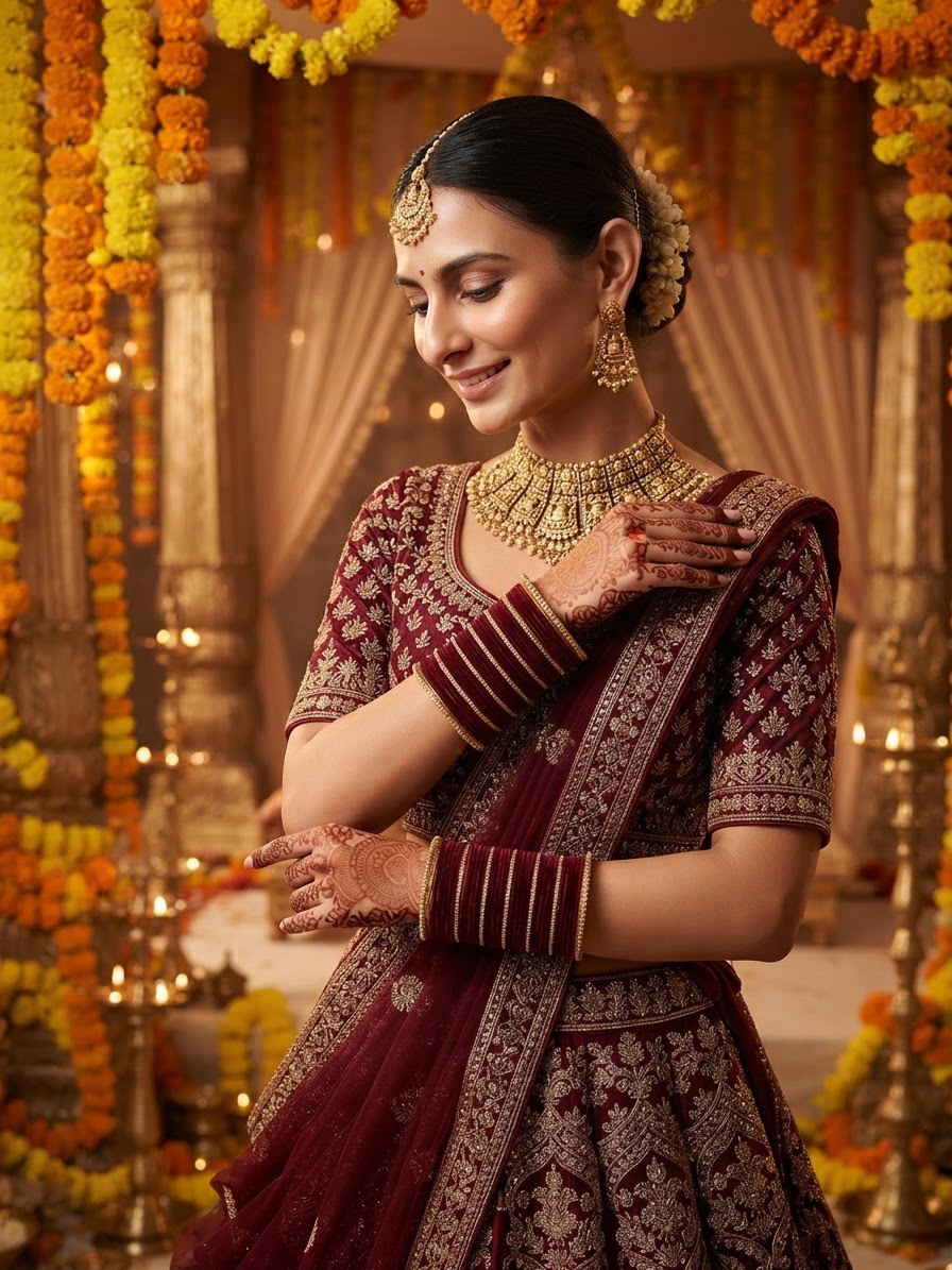 Maroon Velvet Bangle Set with Gold-Tone Detailing