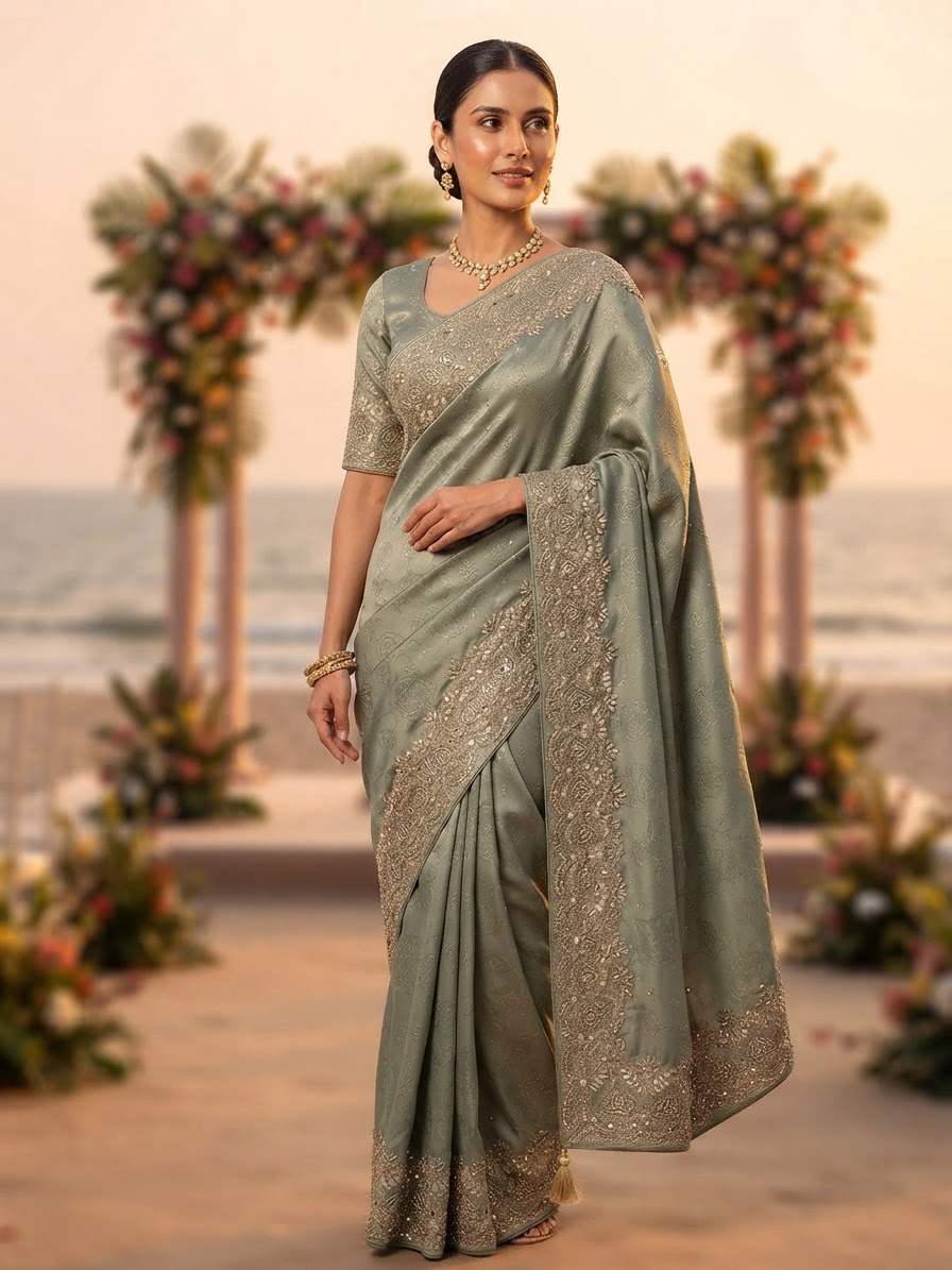 Sage Green Banarasi Silk Designer Saree