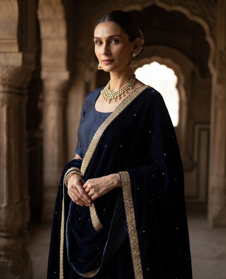 Navy Blue Velvet Shawl with Gold Border & Scattered Embellishments