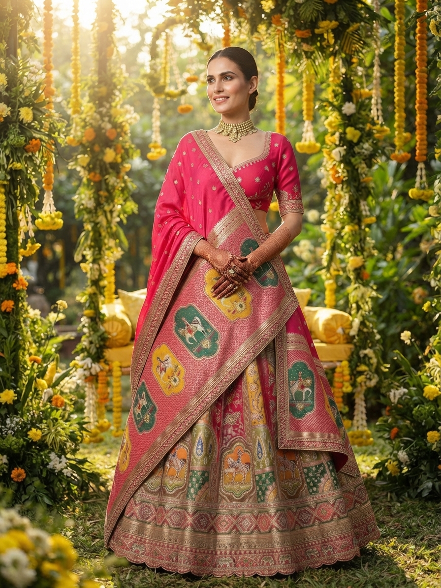 Rani Pink Banarasi Silk Bridal Lehenga Set