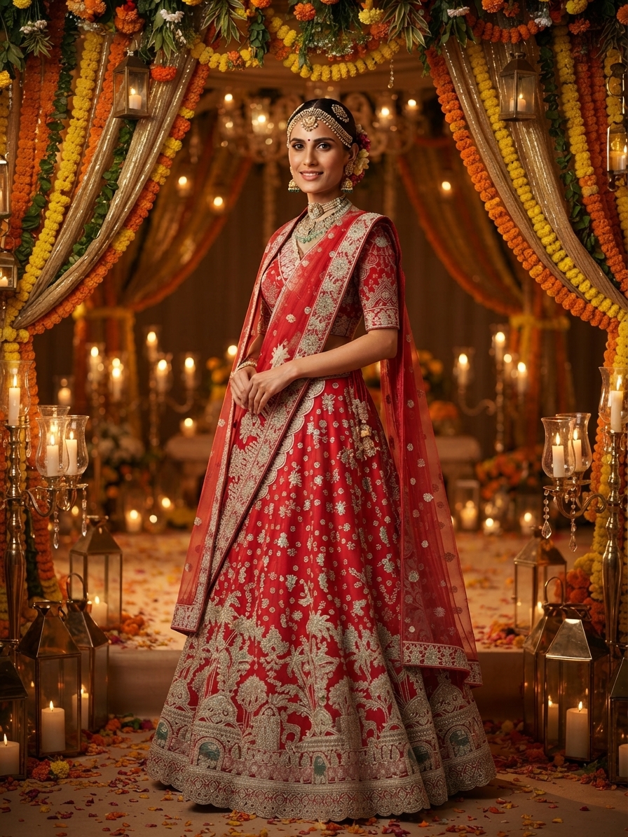 Bridal Lehnga — Indian bride wearing it · Wedding mandap