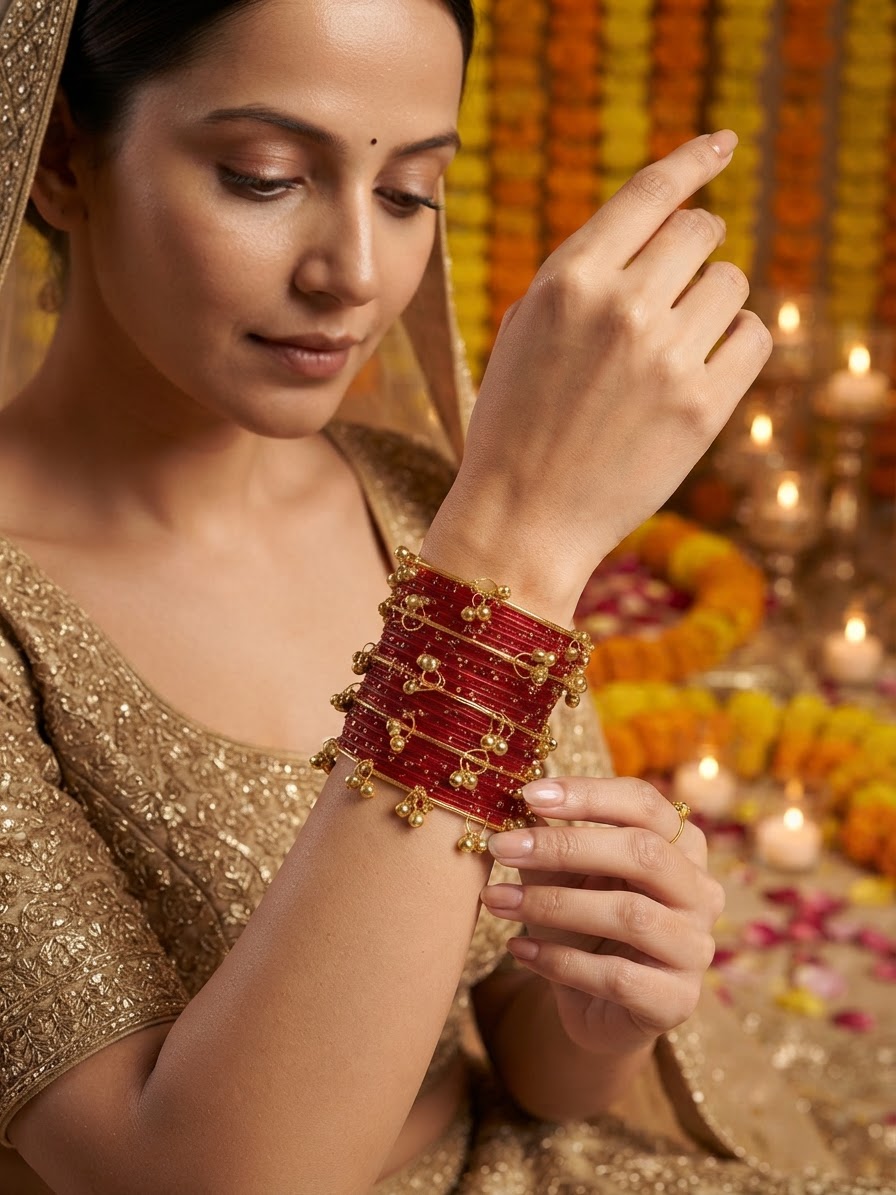 Red Glass Bangle Set with Gold Bells