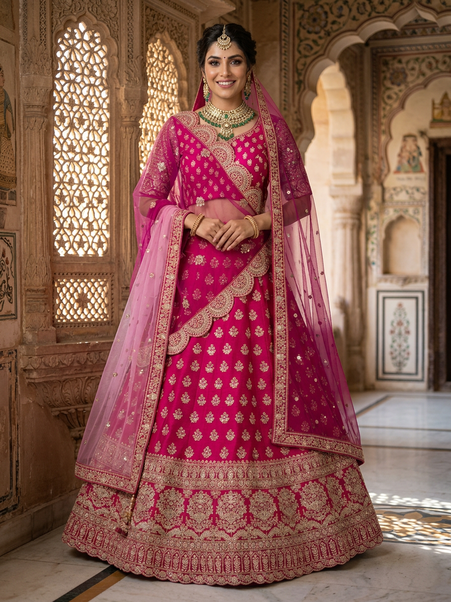 Rani Pink Raw Silk Bridal Lehenga Set with Scalloped Hem