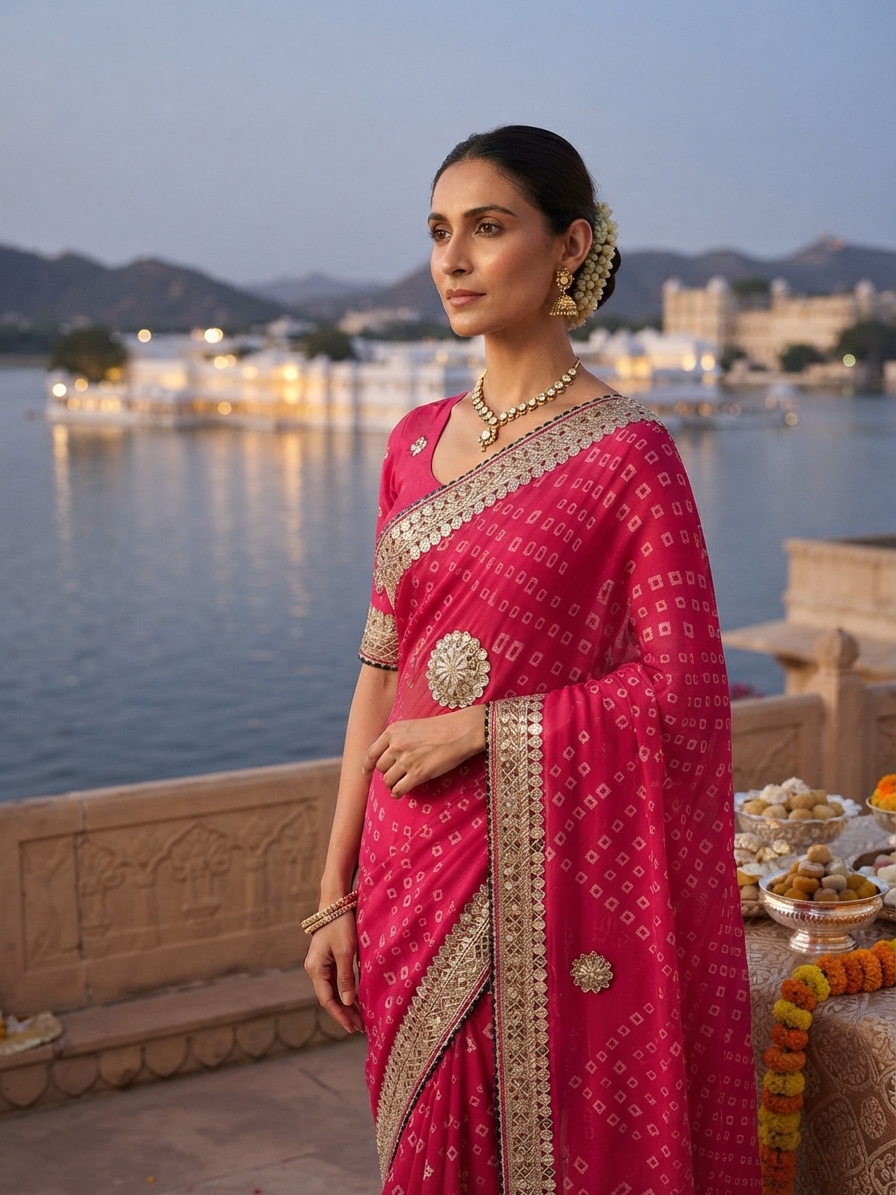 Festive woman wearing it · Udaipur lake palace view