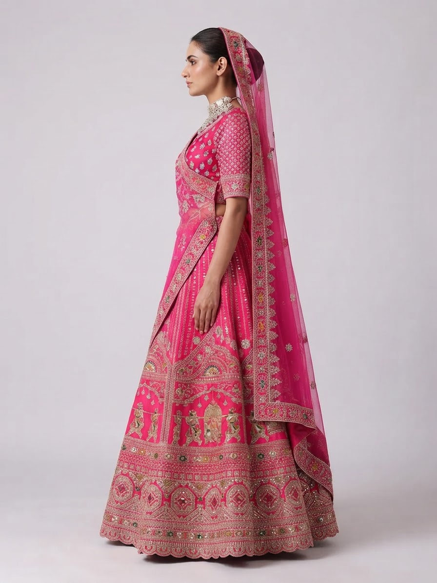 Pink Raw Silk Bridal Lehenga with Cutdana Work