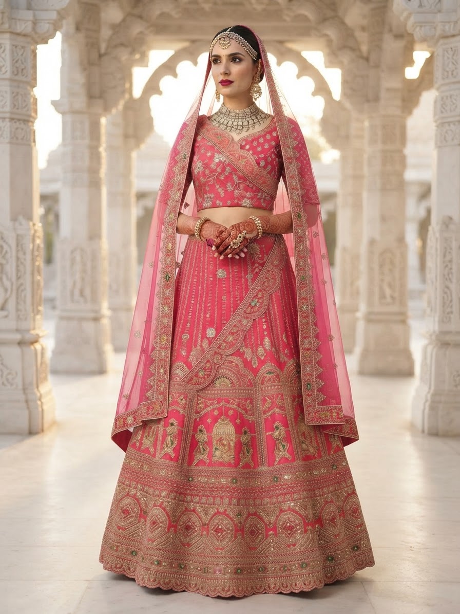 Bridal Lehnga — Indian bride wearing it · Temple courtyard (marble)