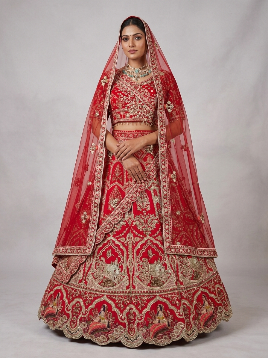 Red Raw Silk Bridal Lehenga with Zardozi & Kundan
